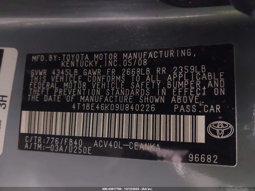 4T1BE46K09U840226 2009 TOYOTA CAMRY photo no. 9