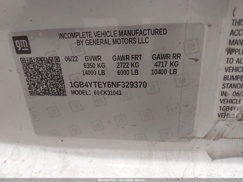 2022 Chevrolet Silverado 3500Hd Chassis Lt VIN: 1GB4YTEY6NF329370 Lot: 43917761