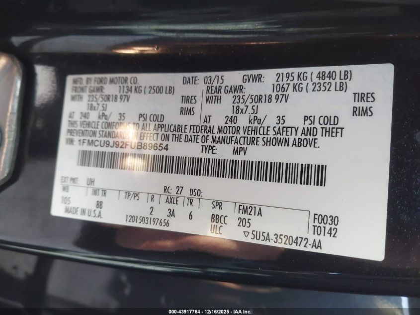 2015 Ford Escape Titanium VIN: 1FMCU9J92FUB89654 Lot: 43917764