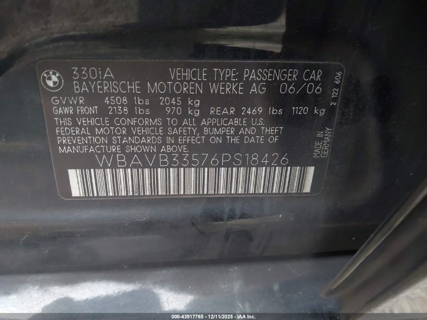 2006 BMW 330I VIN: WBAVB33576PS18426 Lot: 43917765