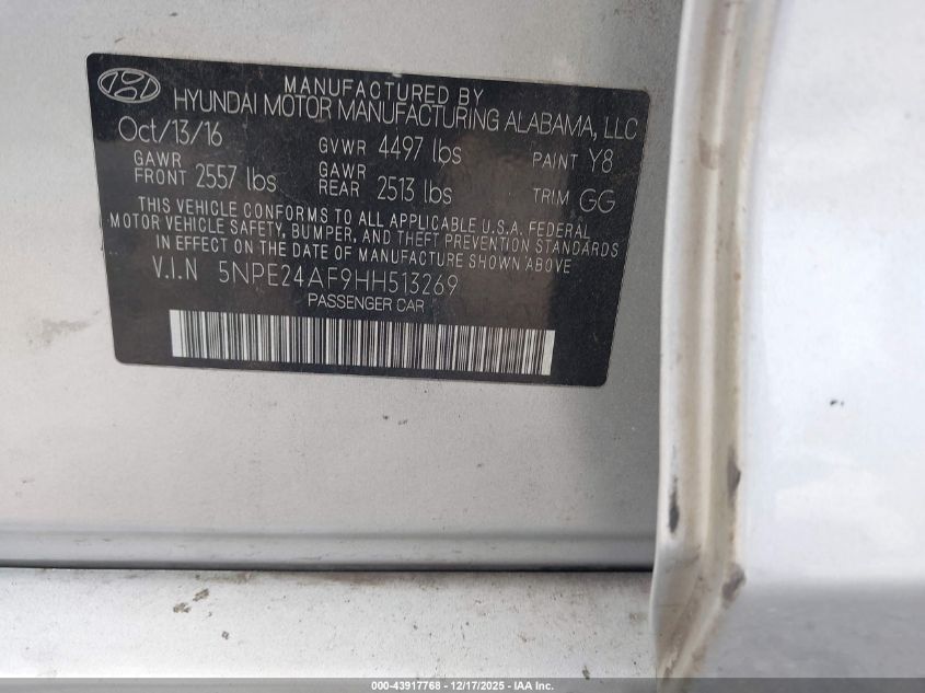2017 Hyundai Sonata VIN: 5NPE24AF9HH513269 Lot: 43917768
