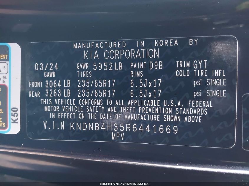 2024 Kia Carnival Mpv Lx Seat Package VIN: KNDNB4H35R6441669 Lot: 43917770