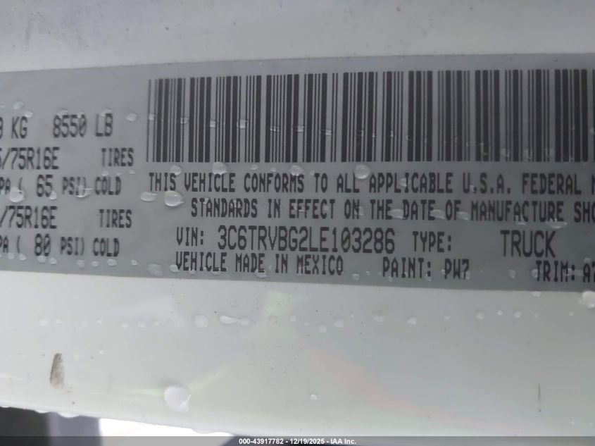 2020 Ram Promaster 1500 High Roof 136 Wb VIN: 3C6TRVBG2LE103286 Lot: 43917782