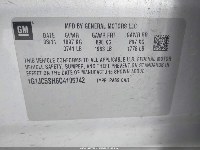 2012 Chevrolet Sonic 2Lt VIN: 1G1JC5SH6C4105742 Lot: 43917787