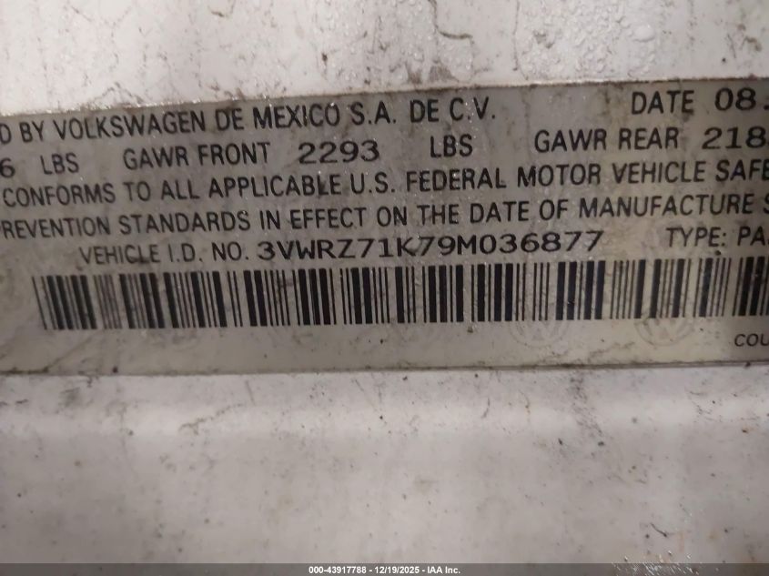 2009 Volkswagen Jetta Se/Sel VIN: 3VWRZ71K79M036877 Lot: 43917788