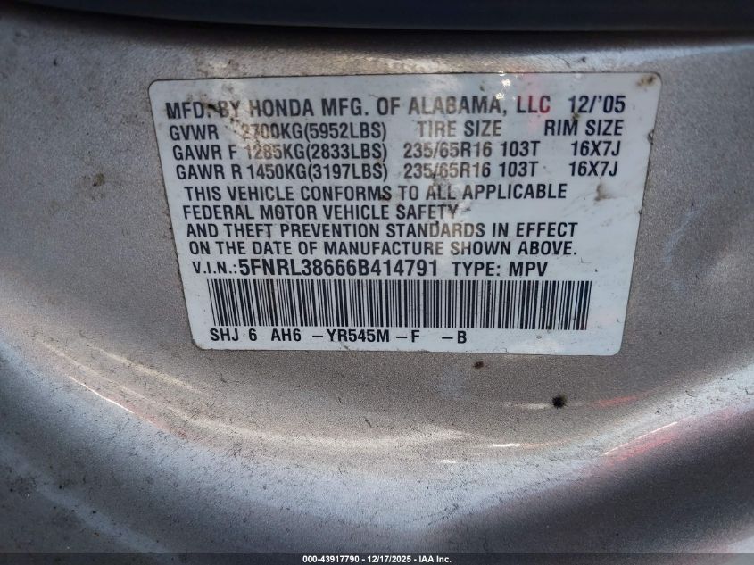 2006 Honda Odyssey Ex-L VIN: 5FNRL38666B414791 Lot: 43917790