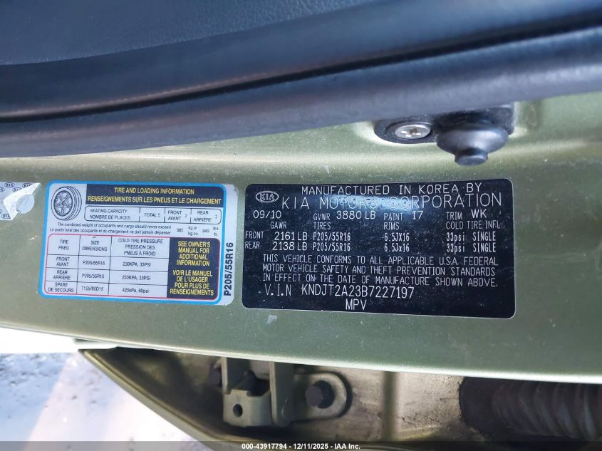 2011 Kia Soul + VIN: KNDJT2A23B7227197 Lot: 43917794