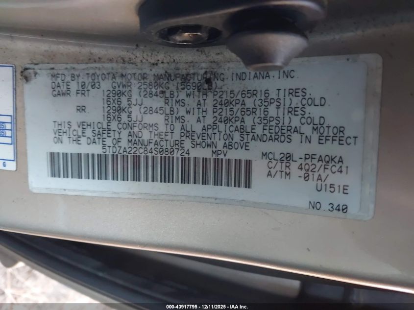 2004 Toyota Sienna Xle VIN: 5TDZA22C84S080724 Lot: 43917795