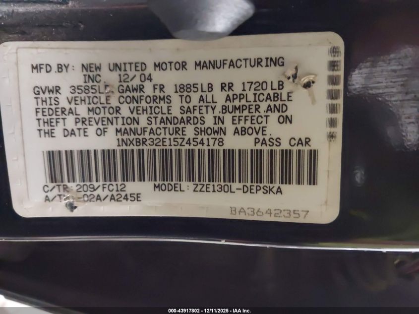 2005 Toyota Corolla S VIN: 1NXBR32E15Z454178 Lot: 43917802