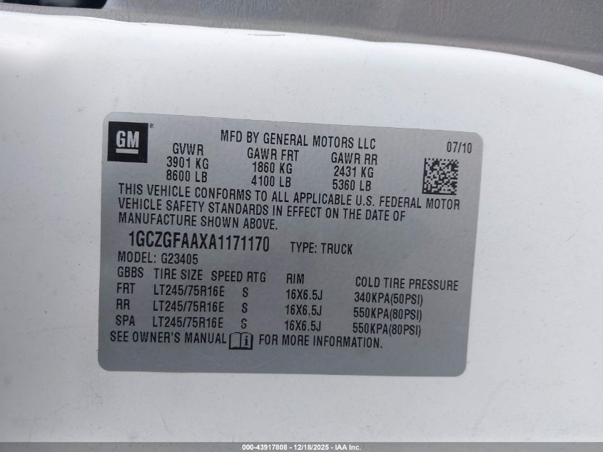 2010 Chevrolet Express 2500 Work Van VIN: 1GCZGFAAXA1171170 Lot: 43917808