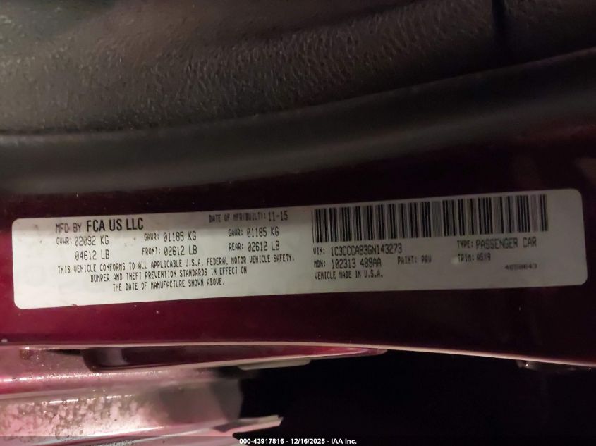 2016 Chrysler 200 Limited VIN: 1C3CCCAB3GN143273 Lot: 43917816