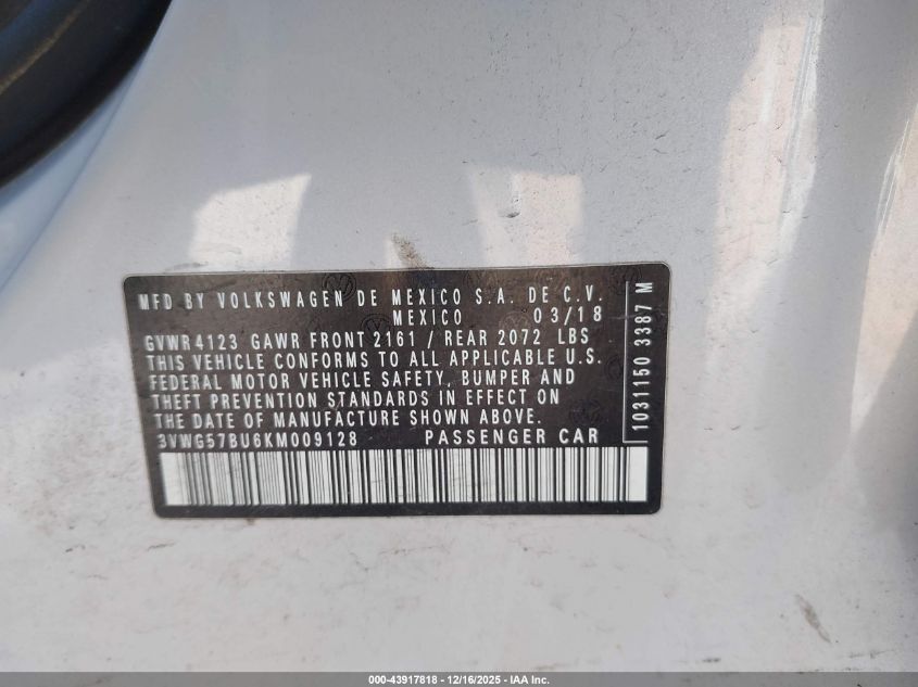 2019 Volkswagen Jetta 1.4T Sel Premium VIN: 3VWG57BU6KM009128 Lot: 43917818