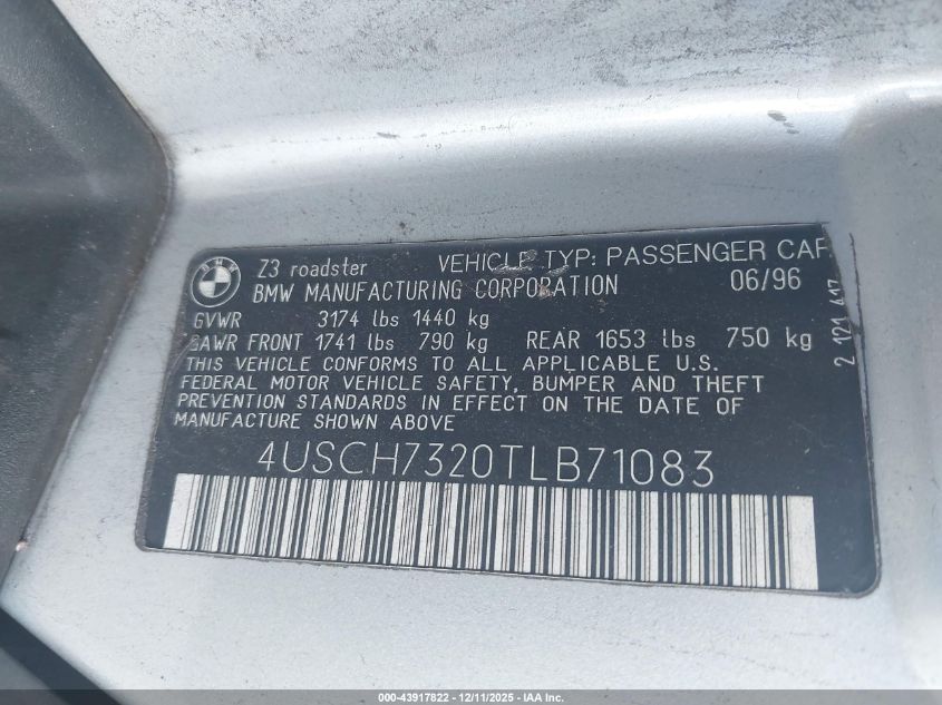1996 BMW Z3 1.9 VIN: 4USCH7320TLB71083 Lot: 43917822