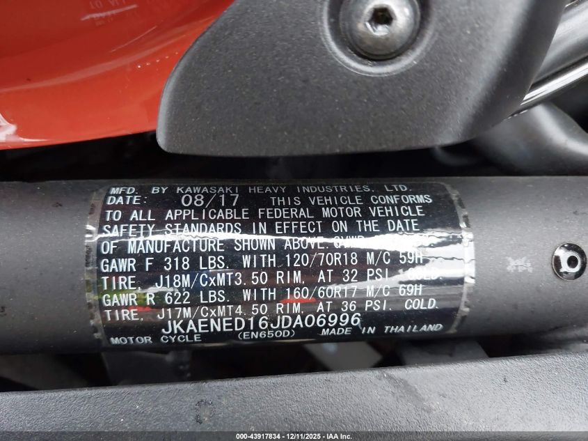 2018 Kawasaki En650 D VIN: JKAENED16JDA06996 Lot: 43917834