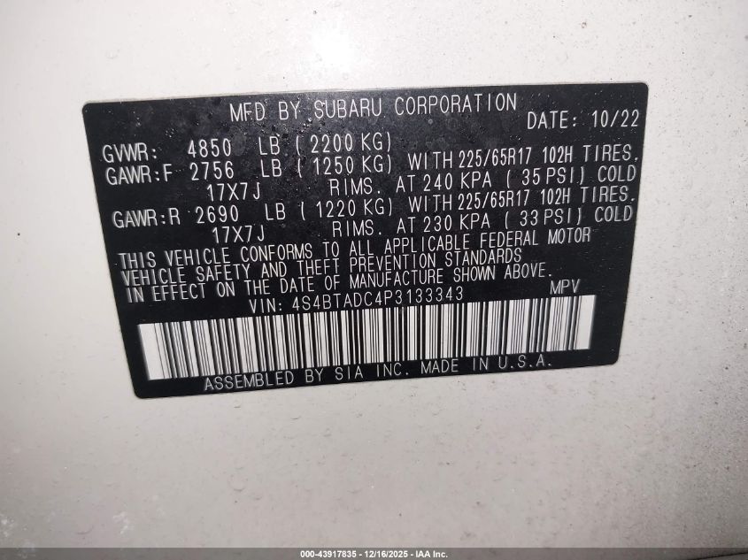 2023 Subaru Outback Premium VIN: 4S4BTADC4P3133343 Lot: 43917835