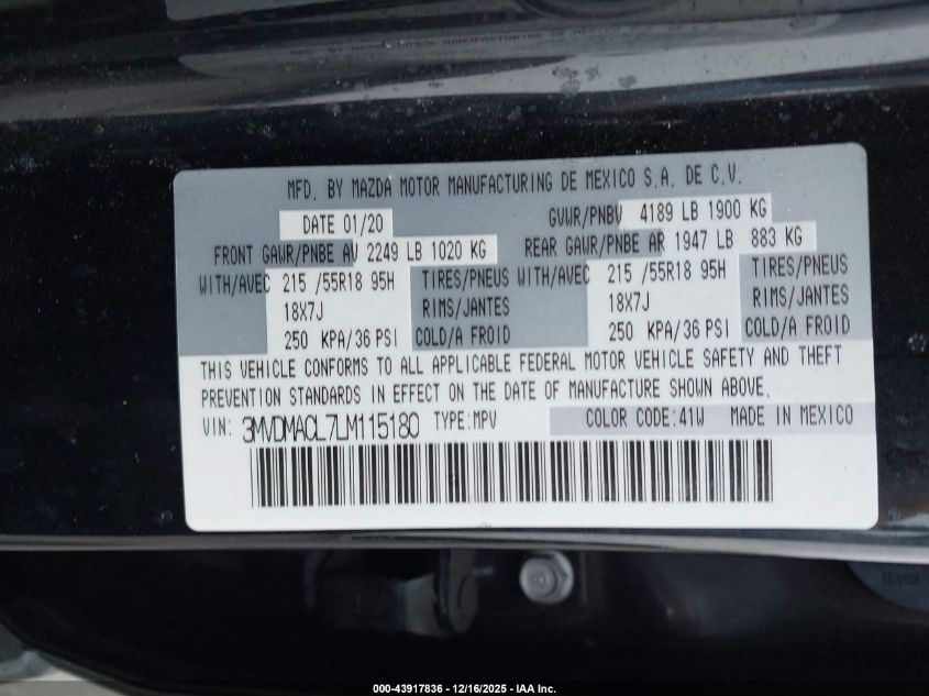 2020 Mazda Cx-30 Select Package VIN: 3MVDMACL7LM115180 Lot: 43917836