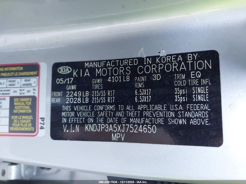 2018 Kia Soul + VIN: KNDJP3A5XJ7524650 Lot: 43917838