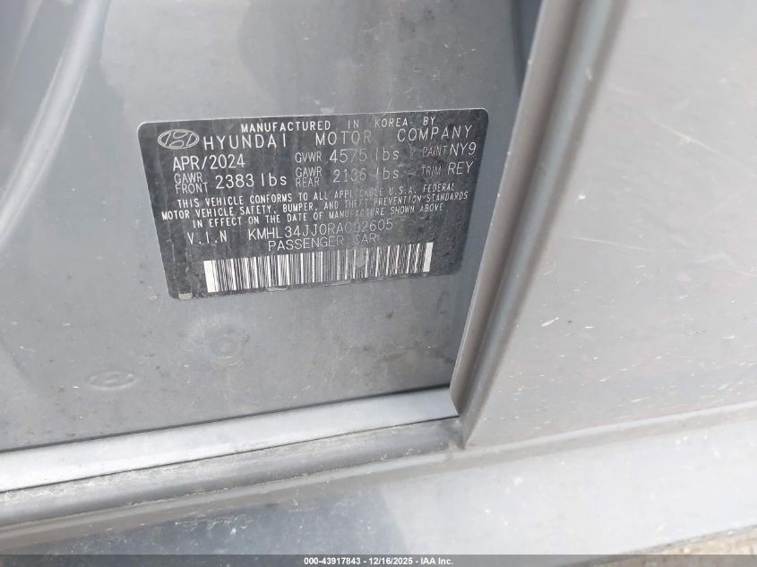 2024 Hyundai Sonata Hybrid Sel VIN: KMHL34JJ0RA092605 Lot: 43917843