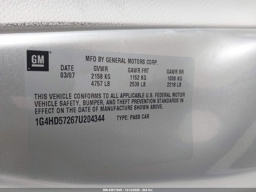 2007 Buick Lucerne Cxl VIN: 1G4HD57267U204344 Lot: 43917849