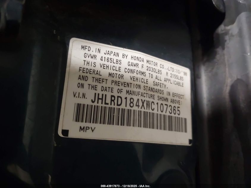 1998 Honda Cr-V Lx VIN: JHLRD184XWC107365 Lot: 43917873