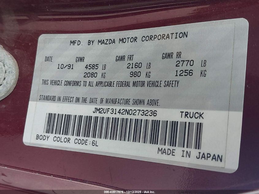 1992 Mazda B2600 Cab Plus VIN: JM2UF3142N0273236 Lot: 43917876