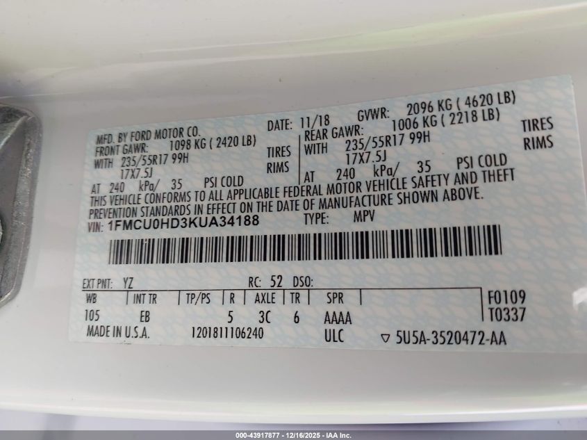 2019 Ford Escape Sel VIN: 1FMCU0HD3KUA34188 Lot: 43917877