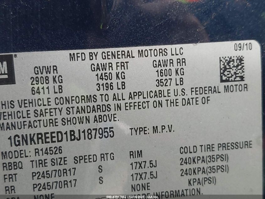 2011 Chevrolet Traverse Ls VIN: 1GNKREED1BJ187955 Lot: 43917882