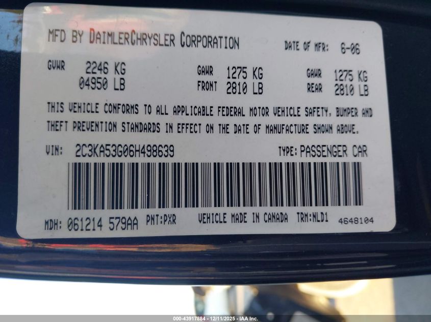 2006 Chrysler 300 Touring VIN: 2C3KA53G06H498639 Lot: 43917884