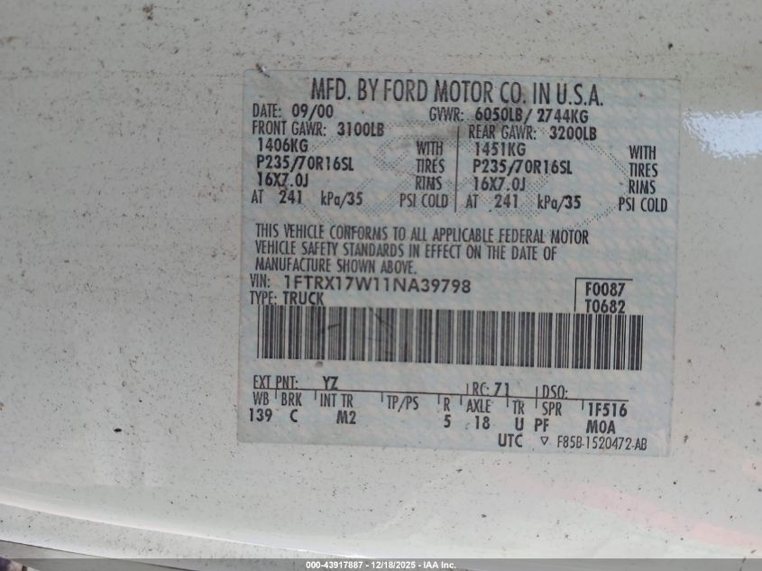 2001 Ford F-150 Lariat/Xl/Xlt VIN: 1FTRX17W11NA39798 Lot: 43917887