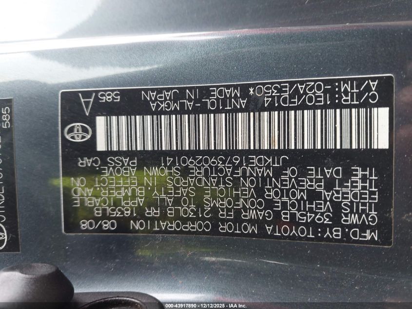 2009 Scion Tc VIN: JTKDE167390290141 Lot: 43917890