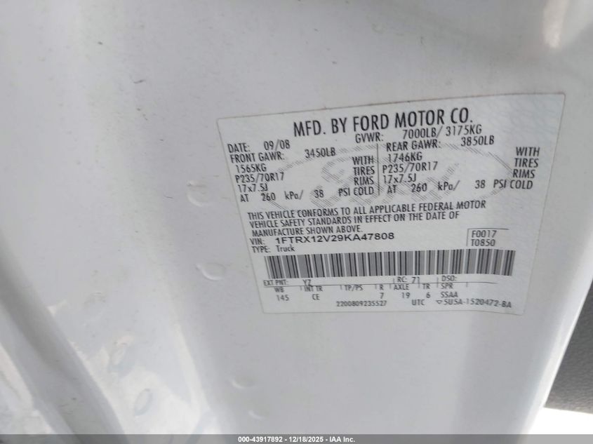 2009 Ford F-150 Lariat/Xl/Xlt VIN: 1FTRX12V29KA47808 Lot: 43917892