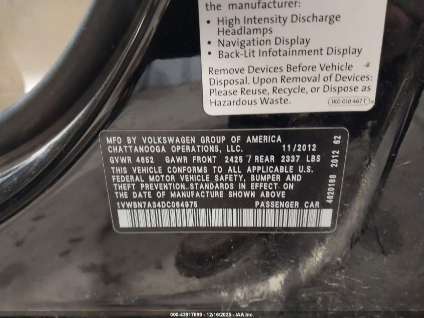 2013 Volkswagen Passat 2.0L Tdi Se VIN: 1VWBN7A34DC064975 Lot: 43917899
