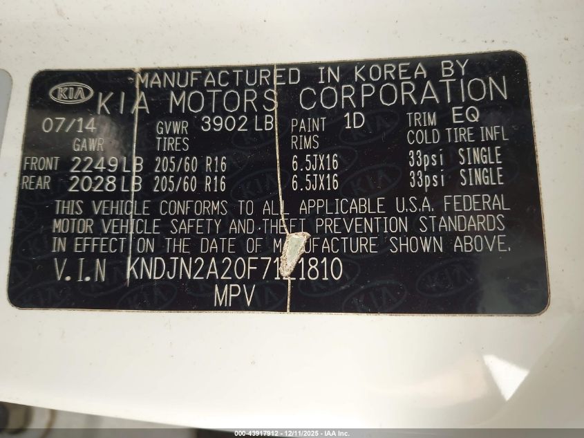 2015 Kia Soul VIN: KNDJN2A20F7121810 Lot: 43917912