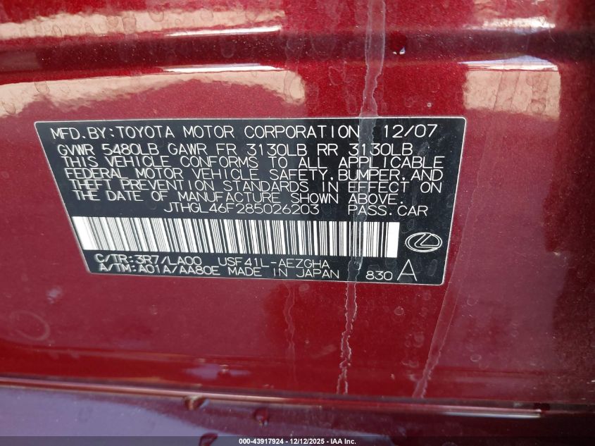 2008 Lexus Ls 460 L VIN: JTHGL46F285026203 Lot: 43917924