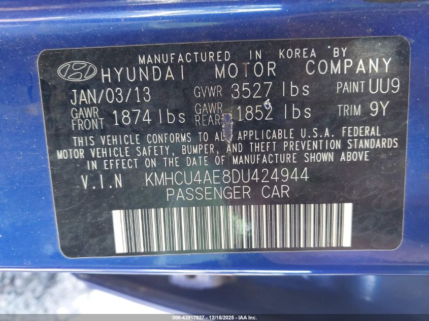 2013 Hyundai Accent Gls VIN: KMHCU4AE8DU424944 Lot: 43917927