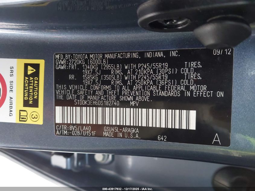 2013 Toyota Highlander Limited V6 VIN: 5TDDK3EH6DS182740 Lot: 43917932