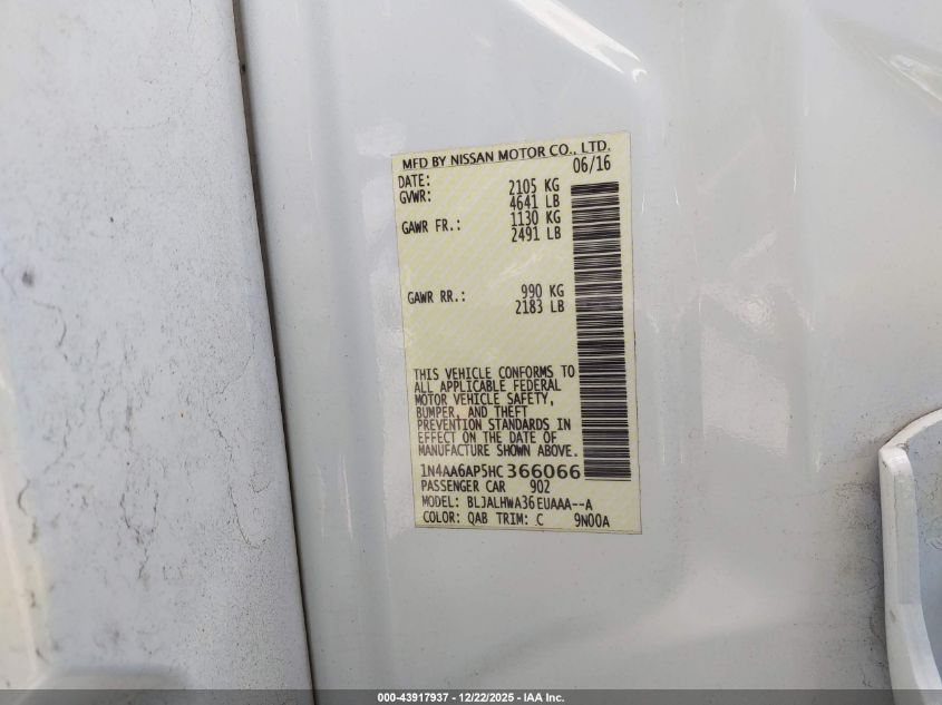 2017 Nissan Maxima 3.5 Platinum VIN: 1N4AA6AP5HC366066 Lot: 43917937