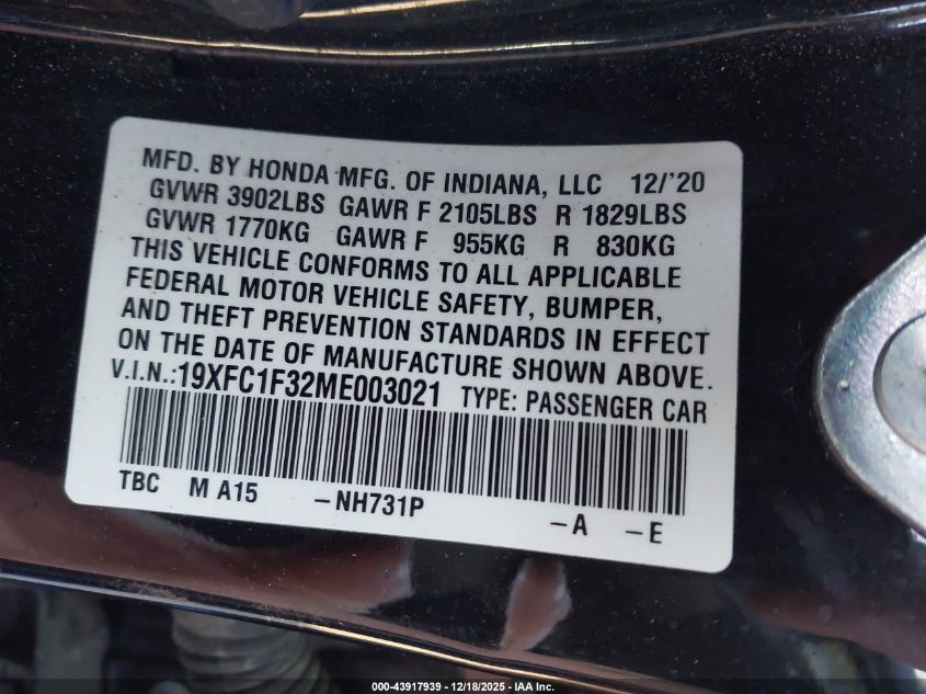 2021 Honda Civic Ex VIN: 19XFC1F32ME003021 Lot: 43917939