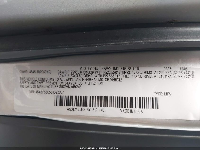 2006 Subaru Outback 2.5Xt VIN: 4S4BP68C564322037 Lot: 43917944