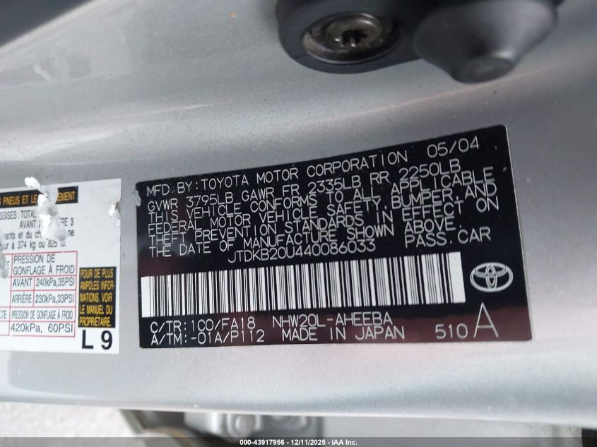 2004 Toyota Prius VIN: JTDKB20U440086033 Lot: 43917956