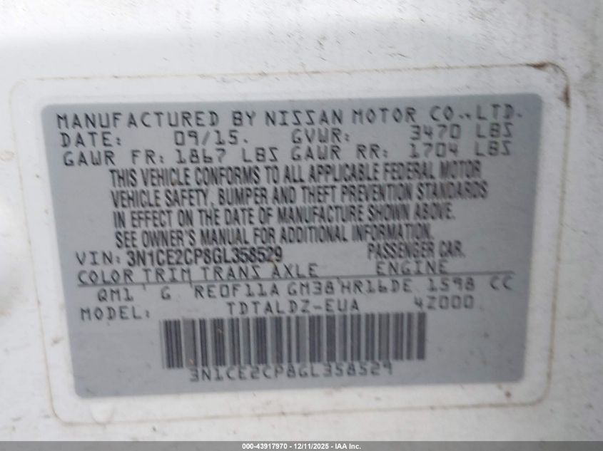 2016 Nissan Versa Note S (Sr)/S Plus/Sl/Sr/Sv VIN: 3N1CE2CP8GL358529 Lot: 43917970