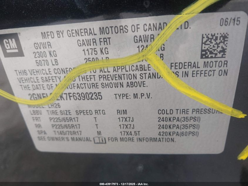 2015 Chevrolet Equinox 2Lt VIN: 2GNFLGEK7F6390235 Lot: 43917973