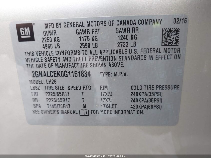 2016 Chevrolet Equinox Lt VIN: 2GNALCEK0G1161834 Lot: 43917982