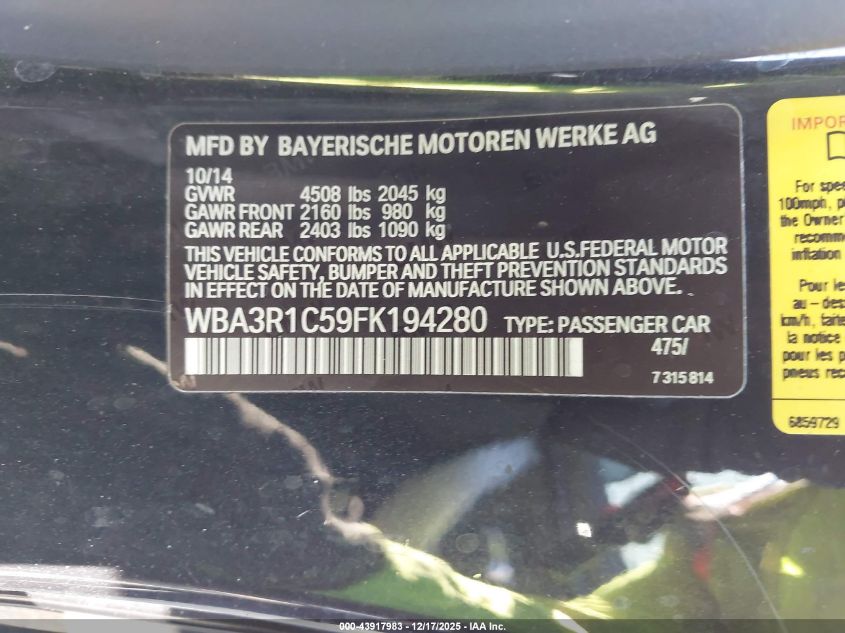 2015 BMW 435I VIN: WBA3R1C59FK194280 Lot: 43917983