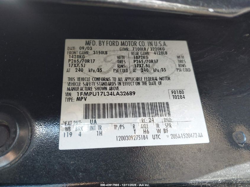 2004 Ford Expedition Eddie Bauer VIN: 1FMPU17L34LA32689 Lot: 43917985