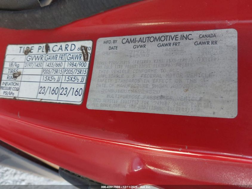 1992 Geo Tracker VIN: 2CNBJ18UXN6929528 Lot: 43917986