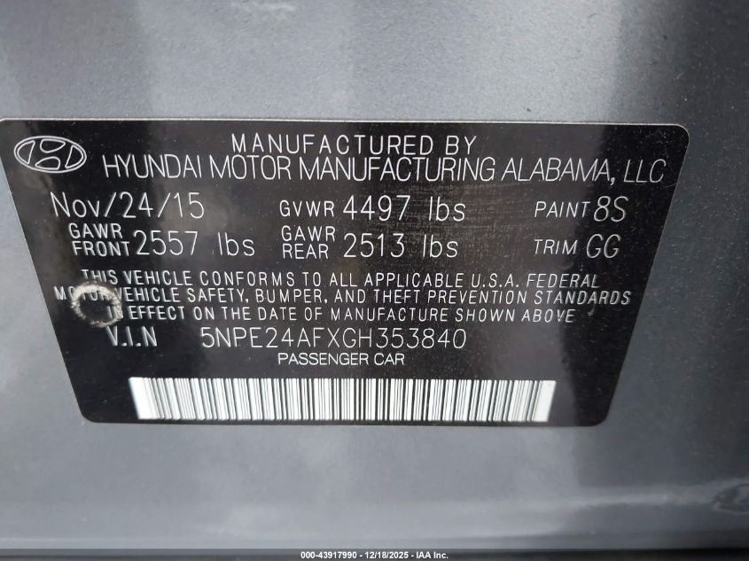 2016 Hyundai Sonata Se VIN: 5NPE24AFXGH353840 Lot: 43917990