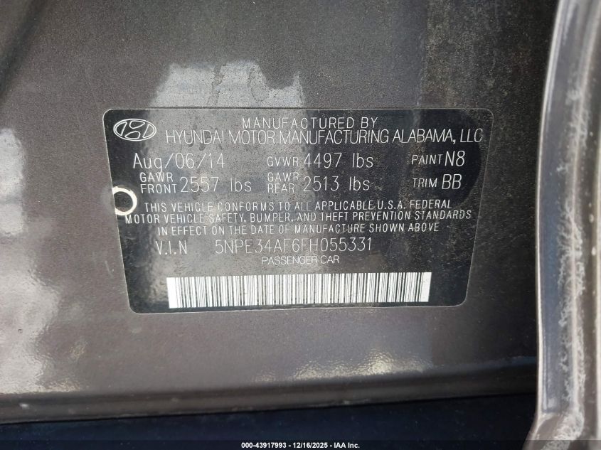 2015 Hyundai Sonata Sport VIN: 5NPE34AF6FH055331 Lot: 43917993