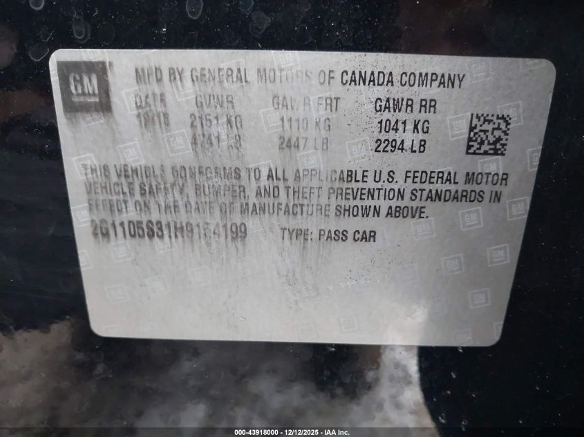 2017 Chevrolet Impala 1Lt VIN: 2G1105S31H9154199 Lot: 43918000