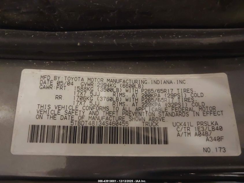 2004 Toyota Tundra Limited V8 VIN: 5TBDT48134S460455 Lot: 43918001